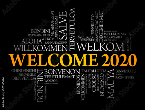 WELCOME 2020 word cloud in different languages, conceptual background