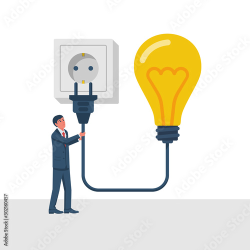Connect idea. Businessman holding lightbulb, cord electrical plug connected to power outlet. Plug in to wall socket. Business solution. Vector illustration flat design. Isolated on background.