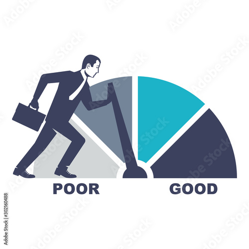 Credit score, gauge. Silhouette businessman push speedometer scale changing personal credit information. Poor and Good. Vector flat design. Isolated on white background. Business aspirations.
