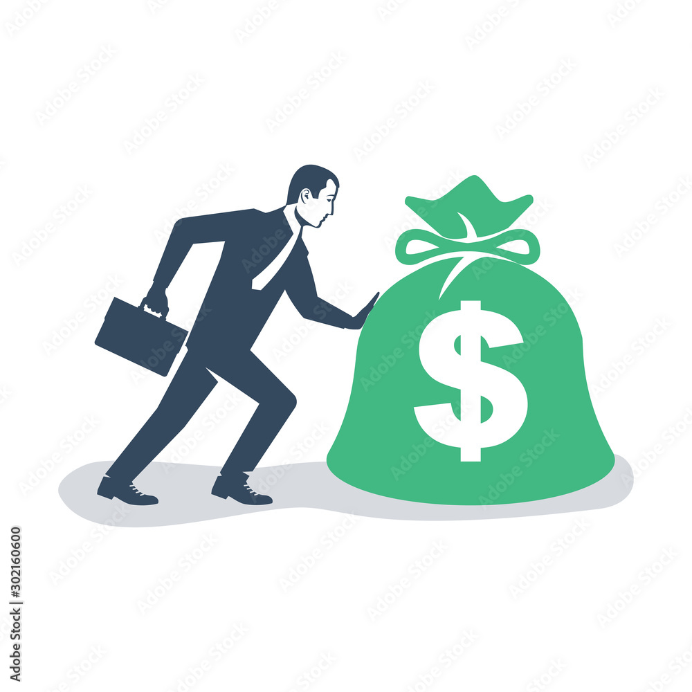 Businessman in a suit pushes a big bag of money. Handing awards concept. Give reward for the job. Vector illustration flat design. Isolated on white background. Bag of money in hand like a bonus. Businessman in a suit pushes a big bag of money. Handing awards concept. Give reward for the job. Vector illustration flat design. Isolated on white background. Bag of money in hand like a bonus.