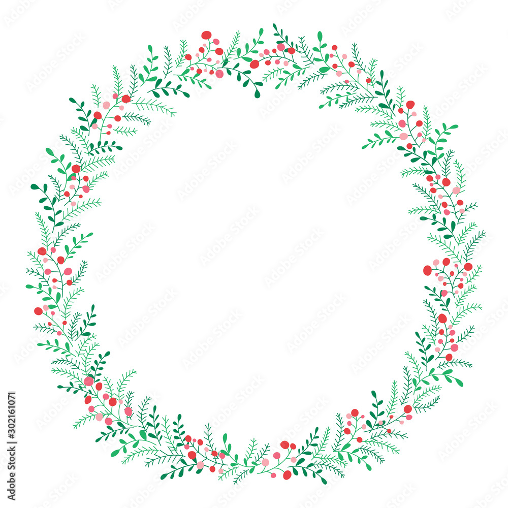 Hand Drawn Abstract Doodle Christmas Foliage, Red Holy Berries, White Background Vector Round Frame. Winter Holidays