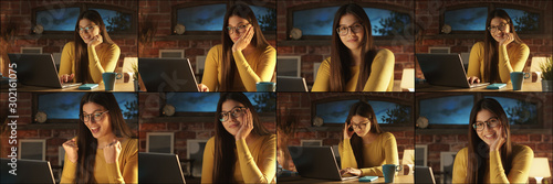 Young woman working with laptop and different moods photo