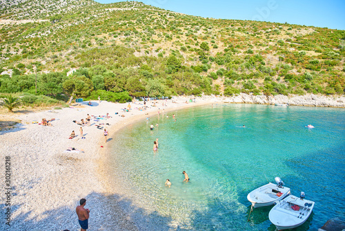 Beaches of Hvar, Croatia; turquoise waters, green pine trees and rocks                                photo