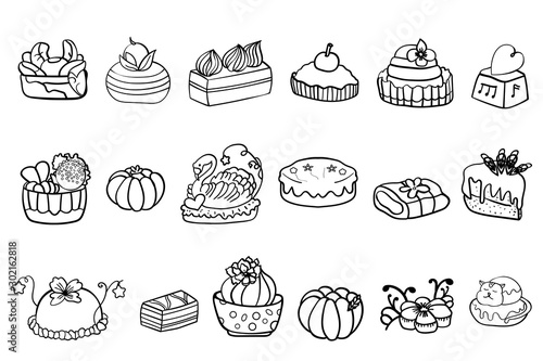 A large set of sweets cakes. Set  collection  choice Sweets Cakes Dessert. Coloring page  Coloring book. Contour. - Vector. Vector illustration