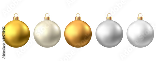 Realistic gold, silver Christmas balls isolated on white background.