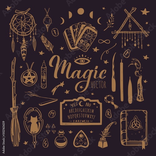 Witchcraft, magic background for witches and wizards. Wicca and pagan tradition. Vector vintage collection. Hand drawn elements candles, book of shadows, potion, tarot cards etc.