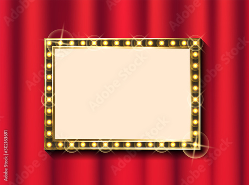 Red theater curtain and blank frame with lamps, show or concert banner template vector. Textile or fabric, hall decoration and framework, backdrop