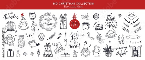 Big Merry Christmas and happy New Year festive vector collection. Different hand drawn doodle elements, Christmas tree, fireplace, coxy sweater, Winter holidays attributes. Handwritten Lettering.