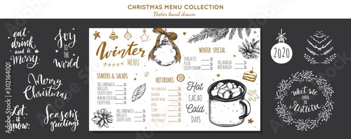 Winter special seasonal Vector menu chalkboard template, brochure. Merry Christmas and Happy new year hand drawn illustrations, Lettering and calligraphy. Hot drinks and cacao vintage elements