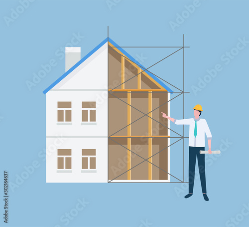 Man with plan vector, engineer with scheme main architect managing process of building of construction. Clever male wearing protective helmet isolated