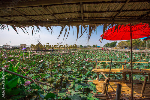 Saphan Khong Floating Market - SuphanBuri:10 November2019,River side attractions(giant fish randomly,bamboo bridge)There are tourists visiting to see the food,eat while onholiday,SongPhiNong,thailand photo