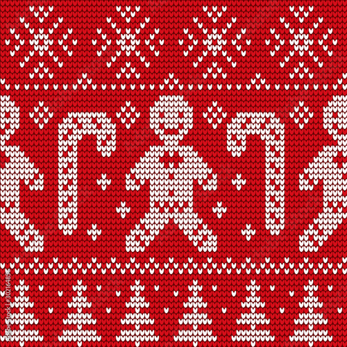 Embroidery with Christmas symbols and characters vector. Embroidered seamless pattern with gingerbread man cookie and candy. Snowflakes and pine trees on corners flat style illustration design