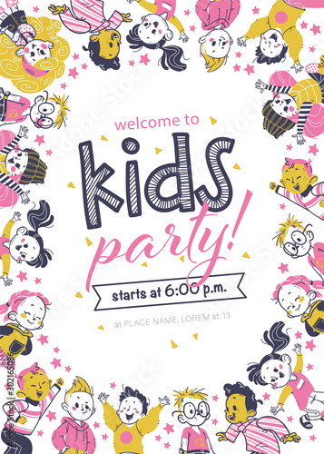 Kids party flayer template with happy little boys and girls characters. Text place, invitation design, card, banner, poster, voucher. Hand drawn style. Vector illustration.