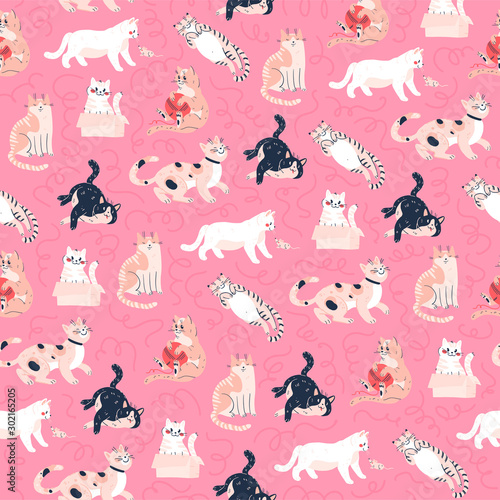 Seamless pattern with cute funny cats different breed isolated on pink background sitting, laying, hiding in box. Flat cartoon style. Vector illustration. For packaging paper, banner, textile etc. 