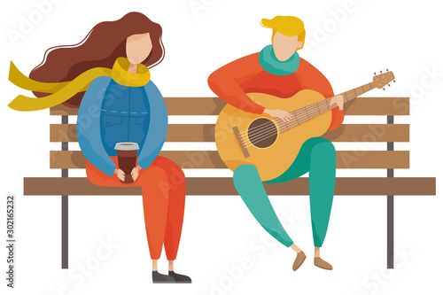 Couple sitting on wooden bench in autumn park. Boy character playing guitar to girl. Man and woman romantic day outdoor. People wearing casual clothes and resting, male and female romantic day vector