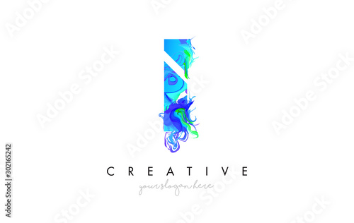 I Letter Icon Design Logo With Creative Artistic Ink Painting Flow in Blue Green Colors