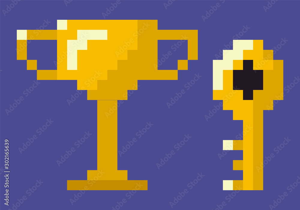 Pixel game icons vector, key and trophy for successful completion of level, unlocking doors and mysteries, solving problems, award for winner flat style Pixel game icons vector, key and trophy for successful completion of level, unlocking doors and mysteries, solving problems, award for winner flat style