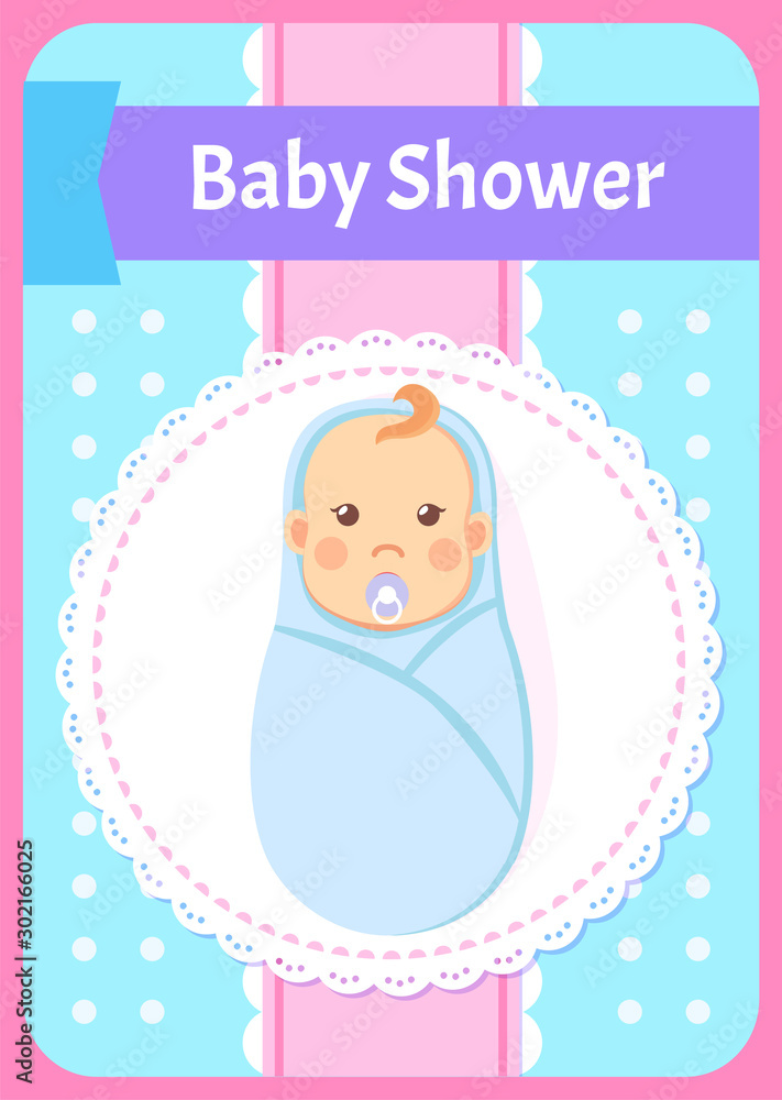 Baby shower greeting card, swaddled boy with nipple. Vector newborn 1 month infant in diaper, toddler son in cartoon style, milestones first days of person Baby shower greeting card, swaddled boy with nipple. Vector newborn 1 month infant in diaper, toddler son in cartoon style, milestones first days of person