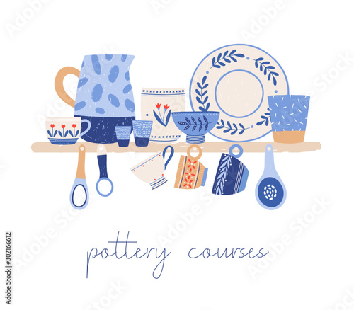 Beautiful hand crafted ceramic tableware hand drawn vector illustration