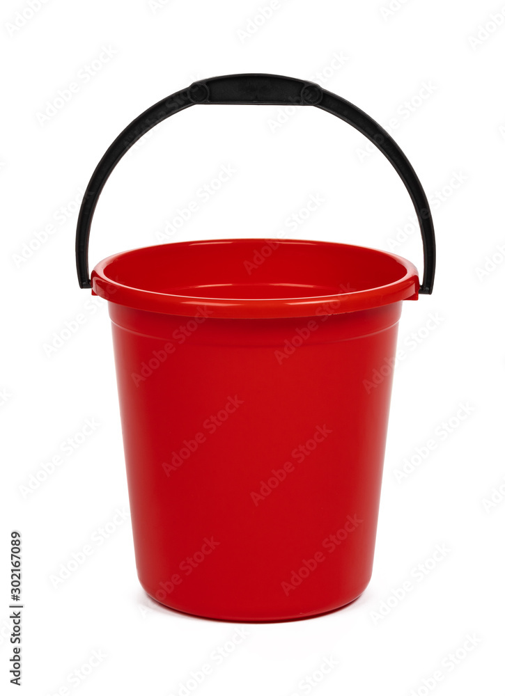 empty red plastic household bucket on a white background empty red plastic household bucket on a white background