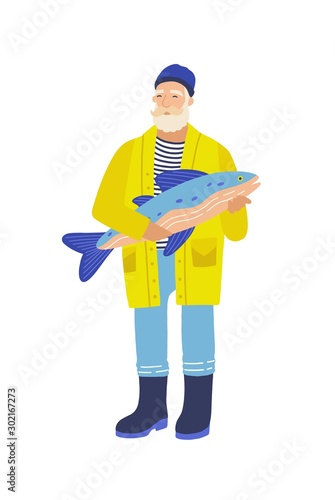 Elderly fisher flat vector illustration