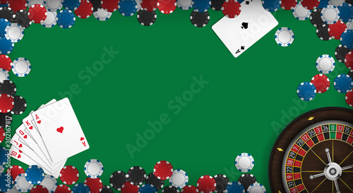 Poker table with roulette wheel, cards and casino chips realistic theme. Copy space background. Vector illustartion.