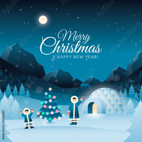 Vector Characters Eskimos. Concept Christmas greeting background with inuit family near igloo house