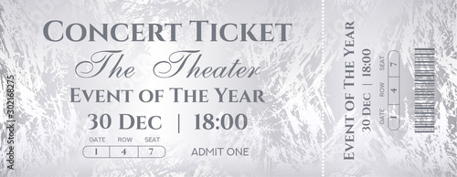 Silver ticket vector template for reward card design with frost background and golden grunge ice texture pattern. Useful for VIP Coupon, any festival, party, cinema, event or entertainment show