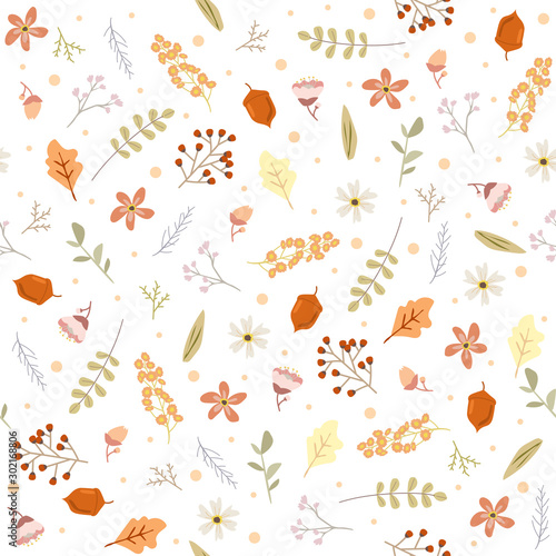 Seamless Autumn pattern with floral design elements and leave, vector illustration on white background.