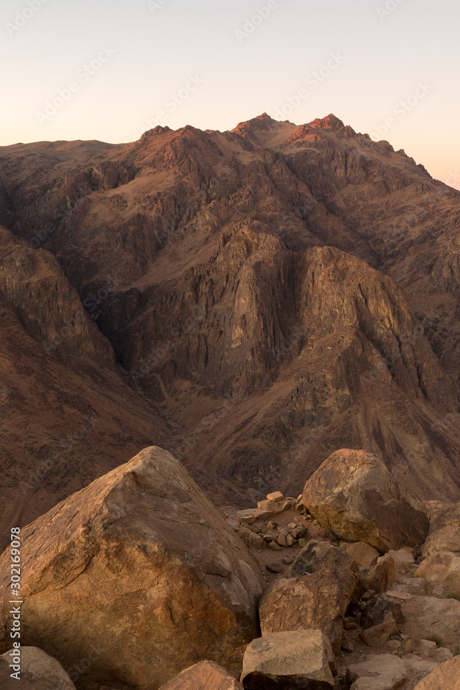 Amazing Sunrise at Sinai Mountain, Beautiful dawn in Egypt, early morning view of the top of Mount Moses	