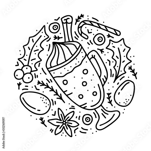 Round doodle template of eggnog. Hand drawn vector concept. Contour illustration for emblem, sticker, banner. Outline cartoon glass mug with isolated elements. Traditional christmas alcoholic drink