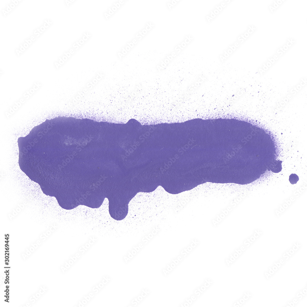 Violet spray decor graffiti element with paint splashes and stains on the white isolated background.