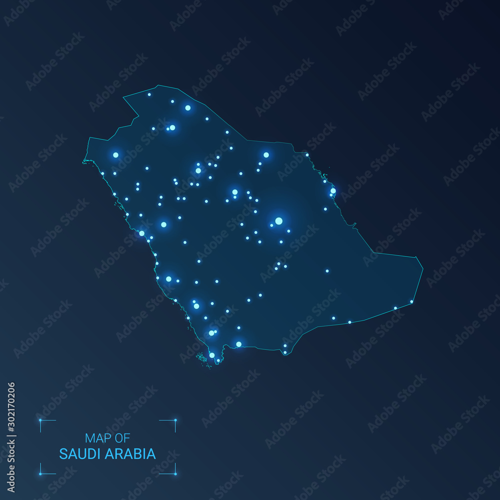 Saudi Arabia map with cities. Luminous dots - neon lights on dark background. Vector illustration.