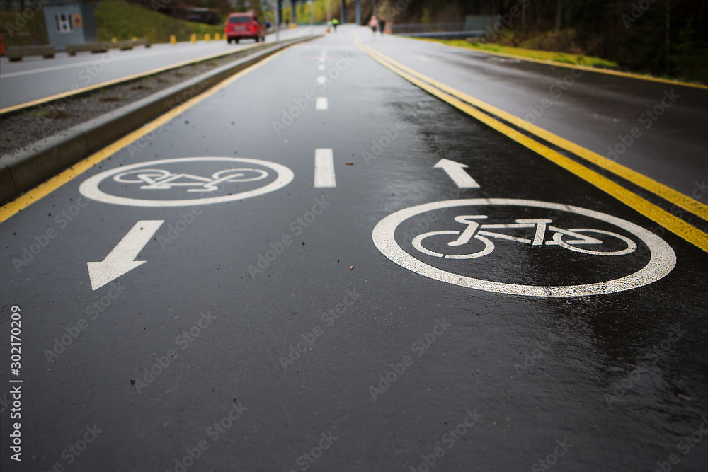 Sign of bicycle lane on asphalt road Sign of bicycle lane on asphalt road