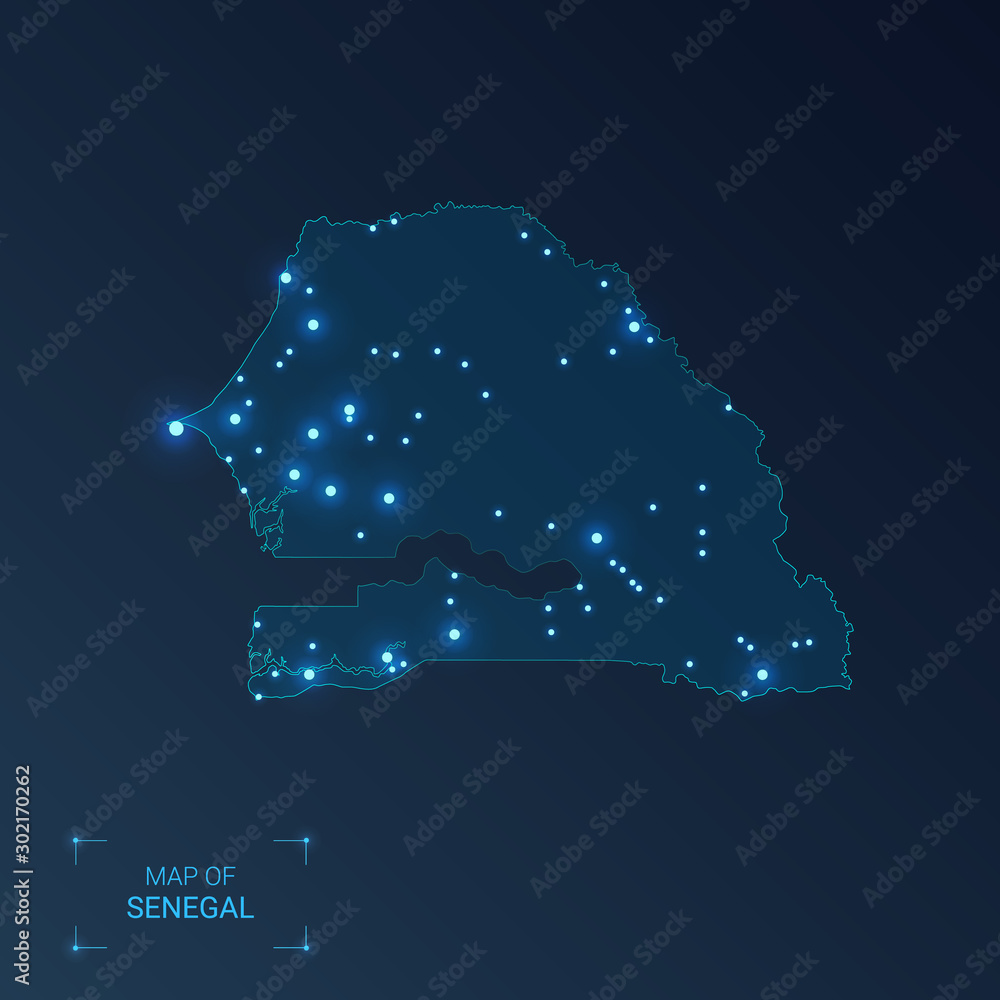 Senegal map with cities. Luminous dots - neon lights on dark background. Vector illustration.