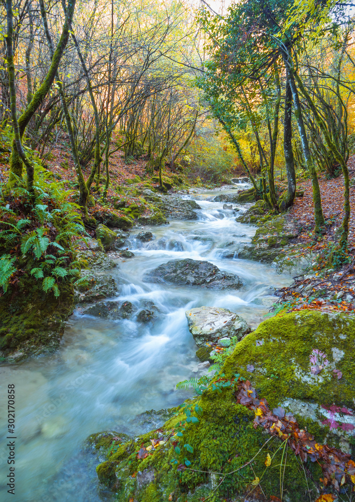 Monte Tancia (Rieti, Italy) - The suggestive waterfalls of torrent Galantina in the Appennini mountains, named Pozze del Diavolo, during the autumn with foliage Monte Tancia (Rieti, Italy) - The suggestive waterfalls of torrent Galantina in the Appennini mountains, named Pozze del Diavolo, during the autumn with foliage
