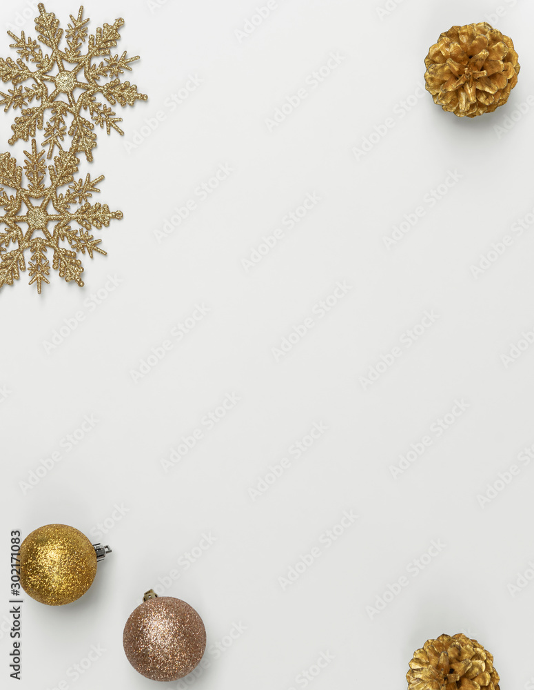 Mock up christmas composition with decorations and snowflake with star confetti on white background. winter, new year concept. Flat lay, top view, copy space.