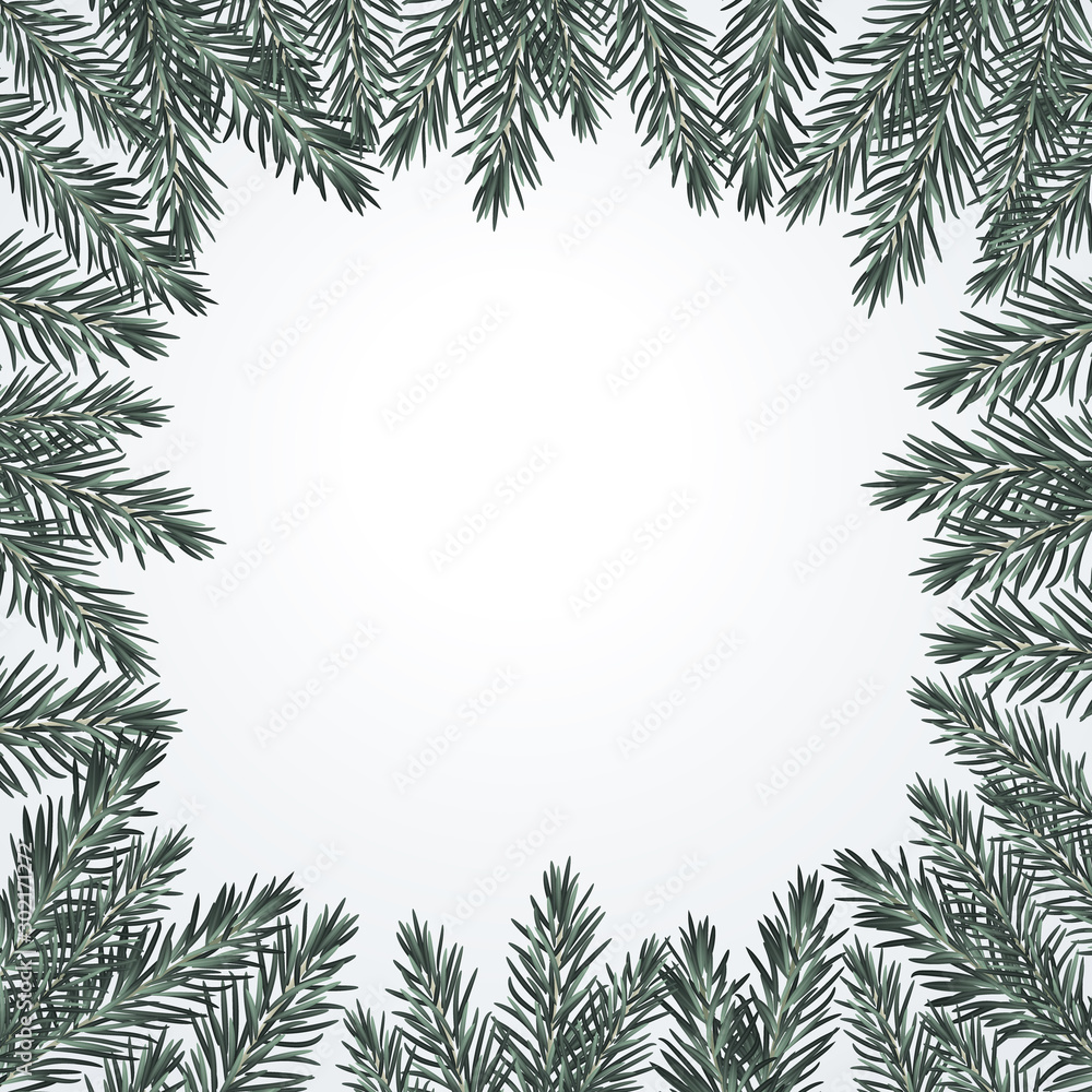 Christmas tree branches background. Border for flyer, cover, presentation, brochure, banner, poster.