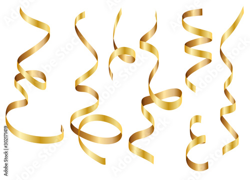 Gold shiny gradient twisted ribbons set. Decoration for carnival party, holiday event, New Year, Christmas, Wedding ceremony. Vector illustration