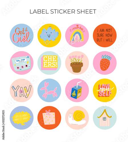 Cute scandinavian characters set including trendy quotes and cool decorative hand drawn elements. Cartoon doodle style illustration for patches, stickers, T-shirt, nursery, kids design. Vector.
