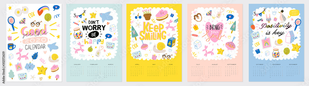 Happy Birthday wall calendar. 2020 Yearly Planner have all Months. Good Organizer and Schedule. Cute kids doodle illustration, Lettering with motivational and inspiration quotes. Vector background Happy Birthday wall calendar. 2020 Yearly Planner have all Months. Good Organizer and Schedule. Cute kids doodle illustration, Lettering with motivational and inspiration quotes. Vector background