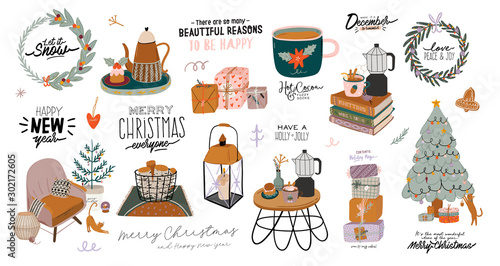 Scandinavian interior with December home decorations - wreath, cat, tree, gift, candles, table. Cozy Winter holiday season. Cute illustration and Christmas typography in Hygge style. Vector. Isolated.