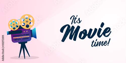 Lovely movie time concept with film projector and text area with sample title in bright colors. Vector illustration.