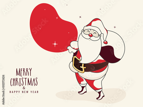 Flat style greeting card design with illustration of santa claus lifting a bag on white background for Merry Christmas & Happy New Year celebration.