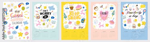 Happy Birthday wall calendar. 2020 Yearly Planner have all Months. Good Organizer and Schedule. Cute kids doodle illustration, Lettering with motivational and inspiration quotes. Vector background