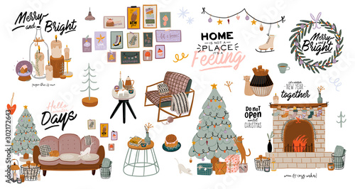 Scandinavian interior with December home decorations - wreath, cat, tree, gift, candles, table. Cozy Winter holiday season. Cute illustration and Christmas typography in Hygge style. Vector. Isolated.