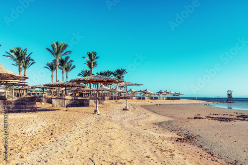 Fototapeta Naklejka Na Ścianę i Meble -  Beach with straw umbrellas and sunbeds. Egyptian resort in Sharm el Sheikh. Vacation concept.
