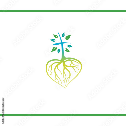 Cross like Tree with Heart Shape Roots. Christian Cross. Good roots. Vector Logo design template