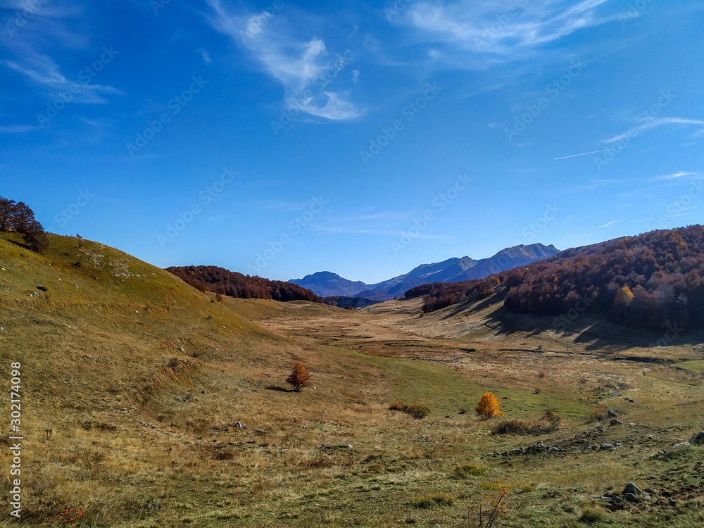 Vast green grass field and mountains in the distance as a serene and calming stress free view in the outdoors wild nature