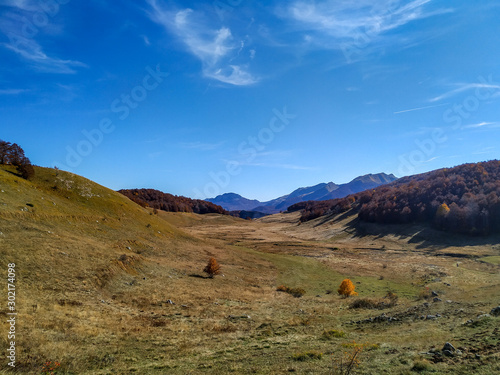 Vast green grass field and mountains in the distance as a serene and calming stress free view in the outdoors wild nature